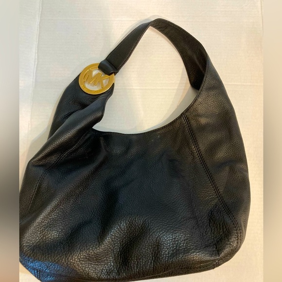 BLACK LEATHER MK Michael KORS HOBO SHOULDERBAG WITH GOLD MK GORGEOUS - Picture 4 of 11